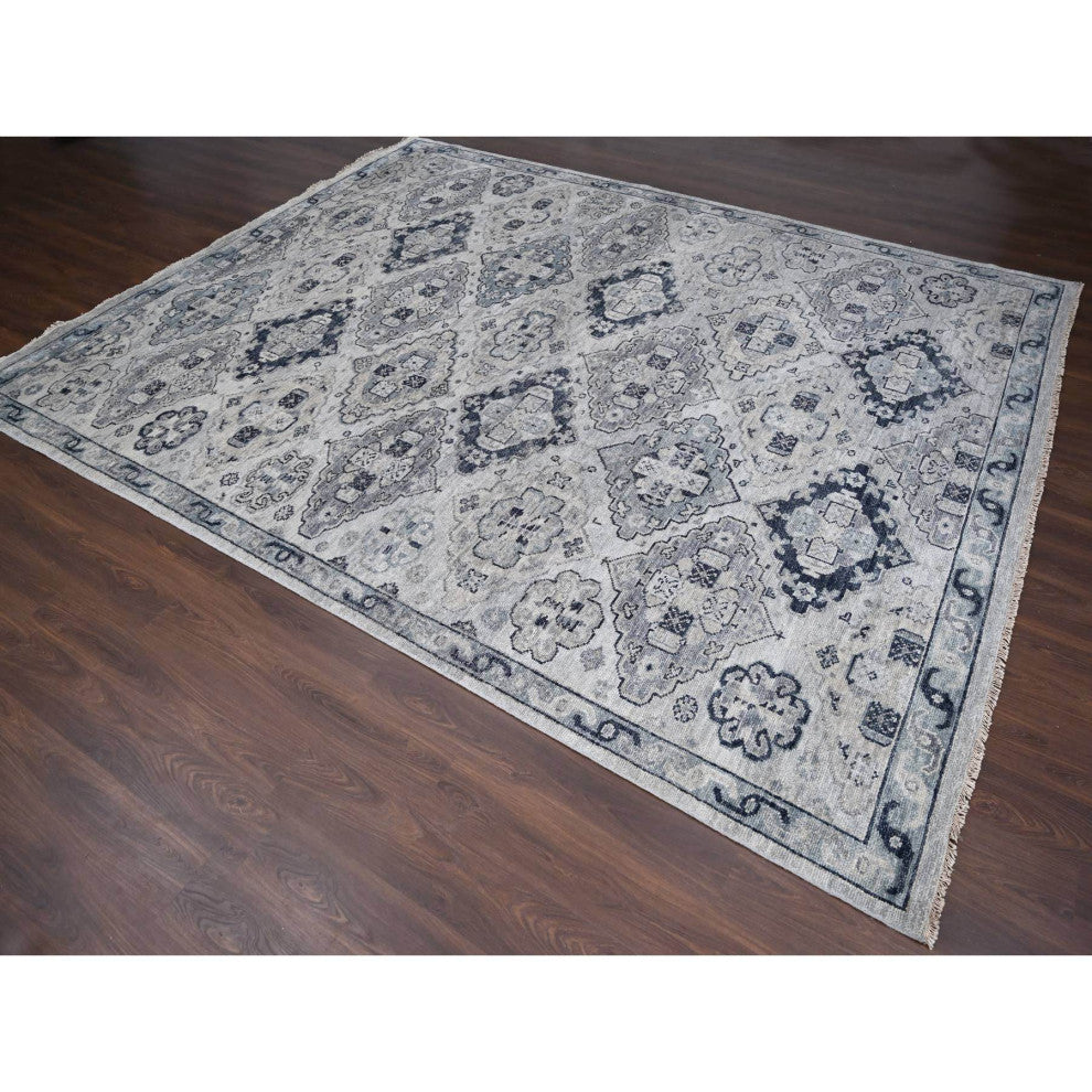 Silver Gray Anatolian Design Soft Wool Hand Knotted Oversized Rug, 11'9"x14'8"