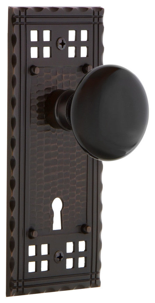 Craftsman Plate Interior Mortise Black Porcelain Door Knob, Timeless Bronze