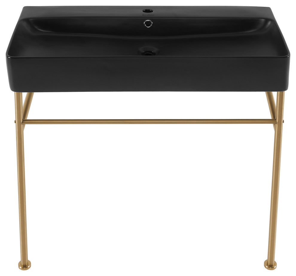Carre 36" Ceramic Console Sink Matte Black Basin Gold Legs, Brushed Gold