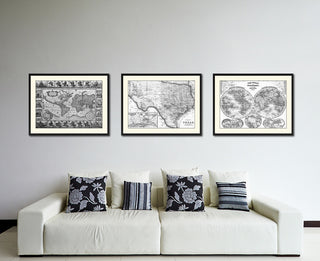 Texas Vintage Map Print On Canvas With Black Custom Frame, 28" X 37"