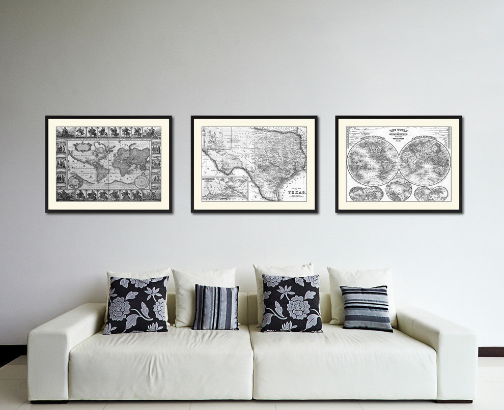 Texas Vintage Map Print On Canvas With Black Custom Frame, 28" X 37"