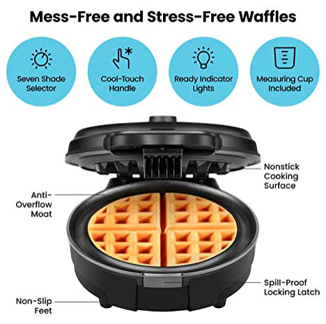 Anti-Overflow Waffle Maker, Belgian Waffle Iron with Seven Crunch Selector, Black