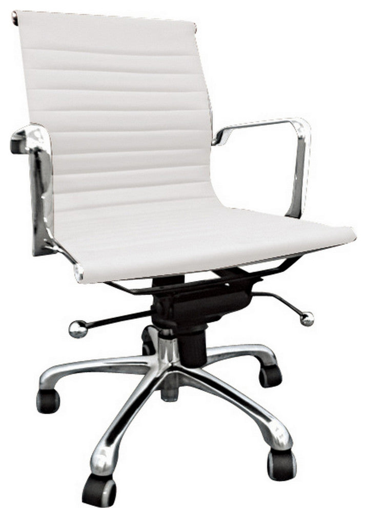 Benzara BM288172 Back Swivel Office Chair With Wheels, Tufted White and Chrome