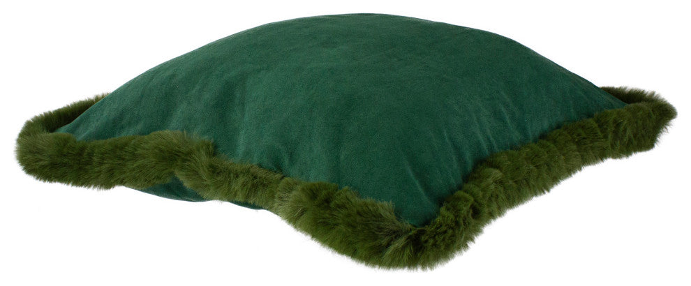 17" Dark Green Velvet Throw Pillow with Faux Fur Fringe Edging