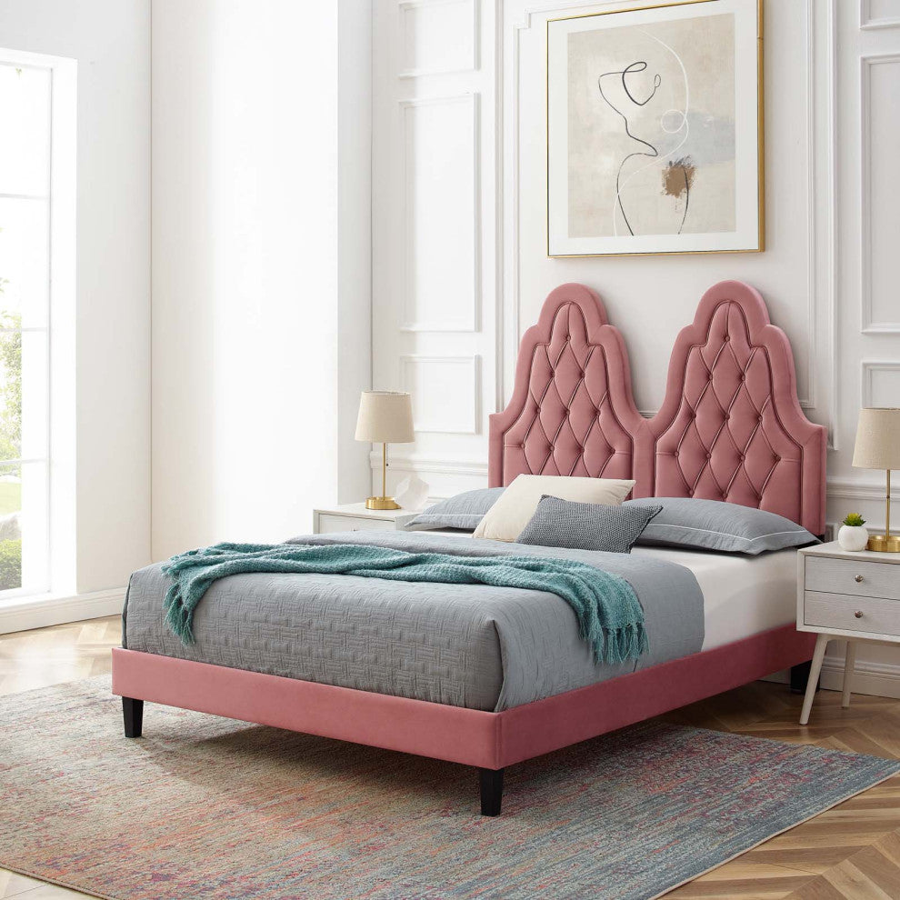 Tufted Platform Bed Frame, Queen Size, Velvet, Pink, Modern Contemporary