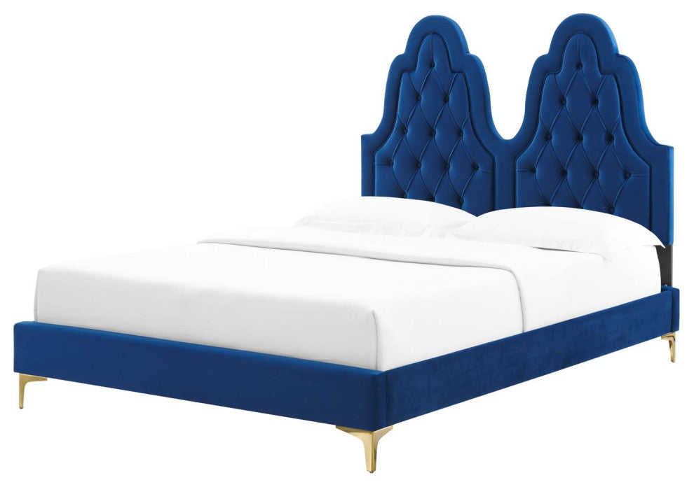 Tufted Platform Bed Frame, Twin Size, Velvet, Blue Navy, Modern Contemporary