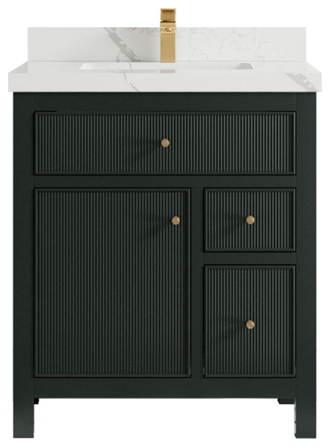 Sonoma 30 Single Sink Reeded Bath Vanity in Dark Forest Green 2" Calacatta Laza