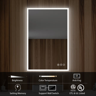 Fogless, Dimmable, Color Temperature Adjustable LED Mirror, 24x36