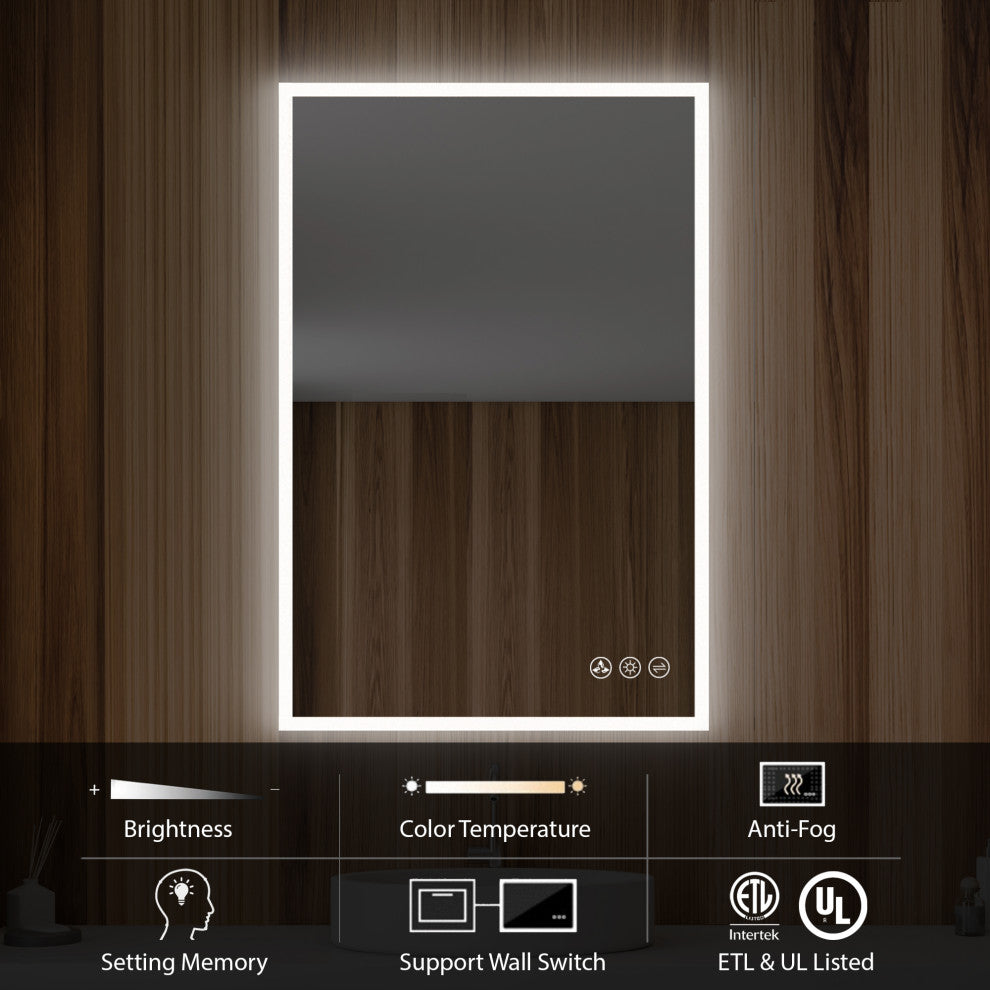 Fogless, Dimmable, Color Temperature Adjustable LED Mirror, 24x36
