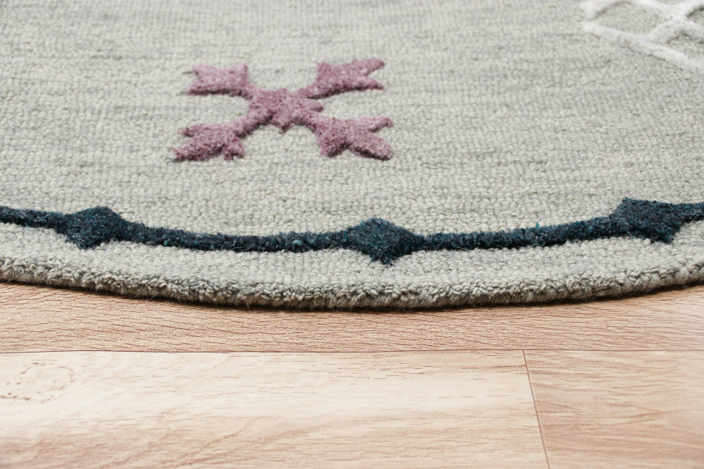 Hand Hooked Gray Geometric Bordered Round Rug, 7' Round
