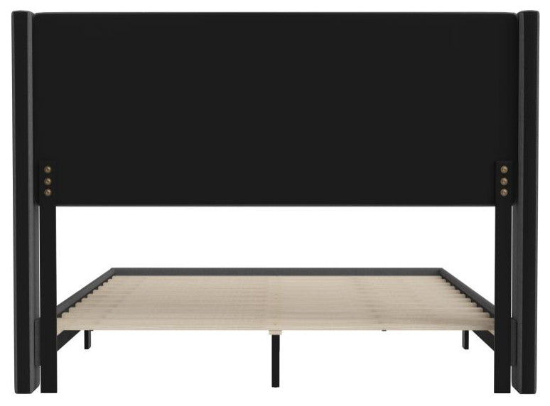 Hollis Upholstered Platform Bed with Wingback Headboard w/Mattress Foundation, Charcoal, Queen