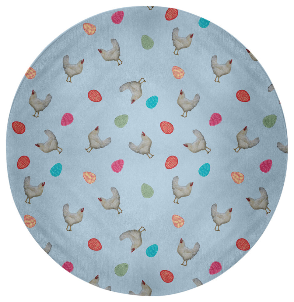 Chickens and Eggs Easter Chenille Rug, After Rain Blue, 5' Round