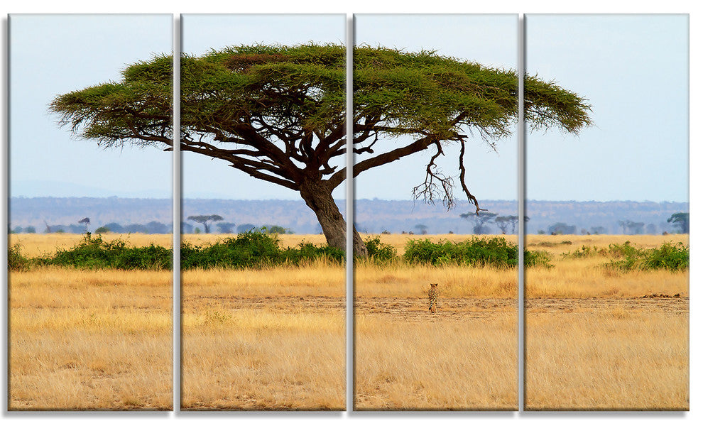 Acadia Tree and Cheetah in Africa, Landscape Canvas Art, 48"x28", 4 Panels