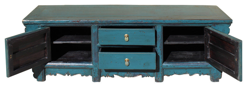 Oriental Distressed Rustic Teal Blue Lacquer Low Console Table Cabinet Hcs4622