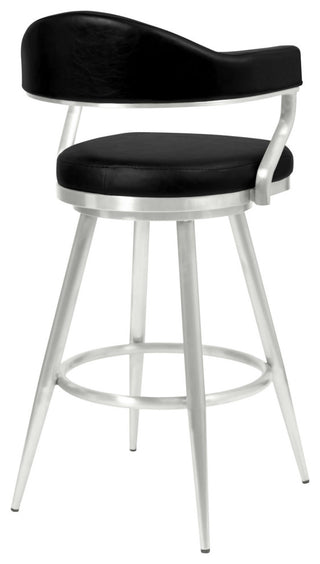 Justin 30" Bar Height Barstool in Brushed Stainless Steel and Black Faux Leather