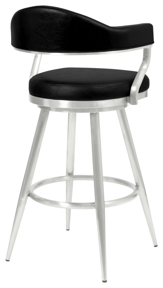 Justin 30" Bar Height Barstool in Brushed Stainless Steel and Black Faux Leather