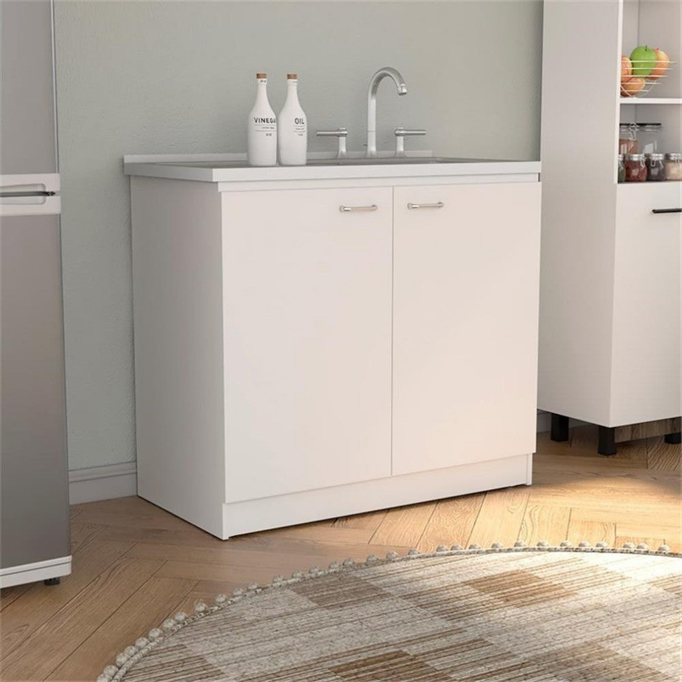 TuHome White Modern Engineered Wood Napoles Utility Sink with Cabinet