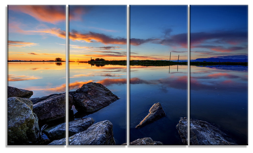 Beautiful Calm Water and Sunset, Landscape Canvas Art, 48"x28", 4 Panels
