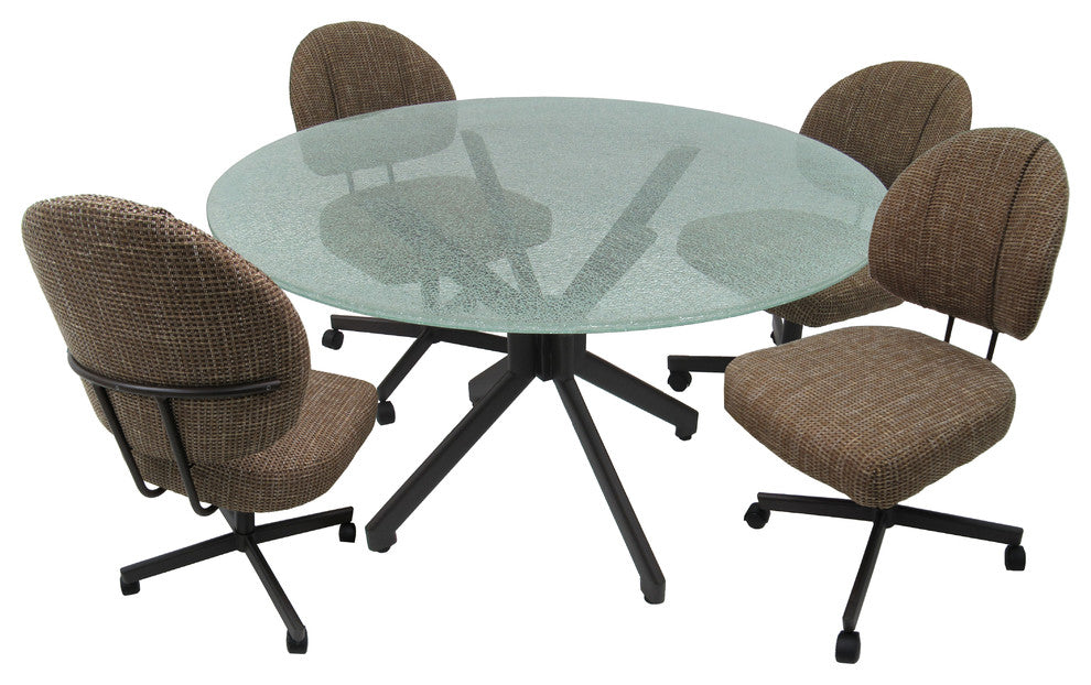 Glass Dinette Set with Swivel Caster Chairs Sanora Brown, Crackle Glass