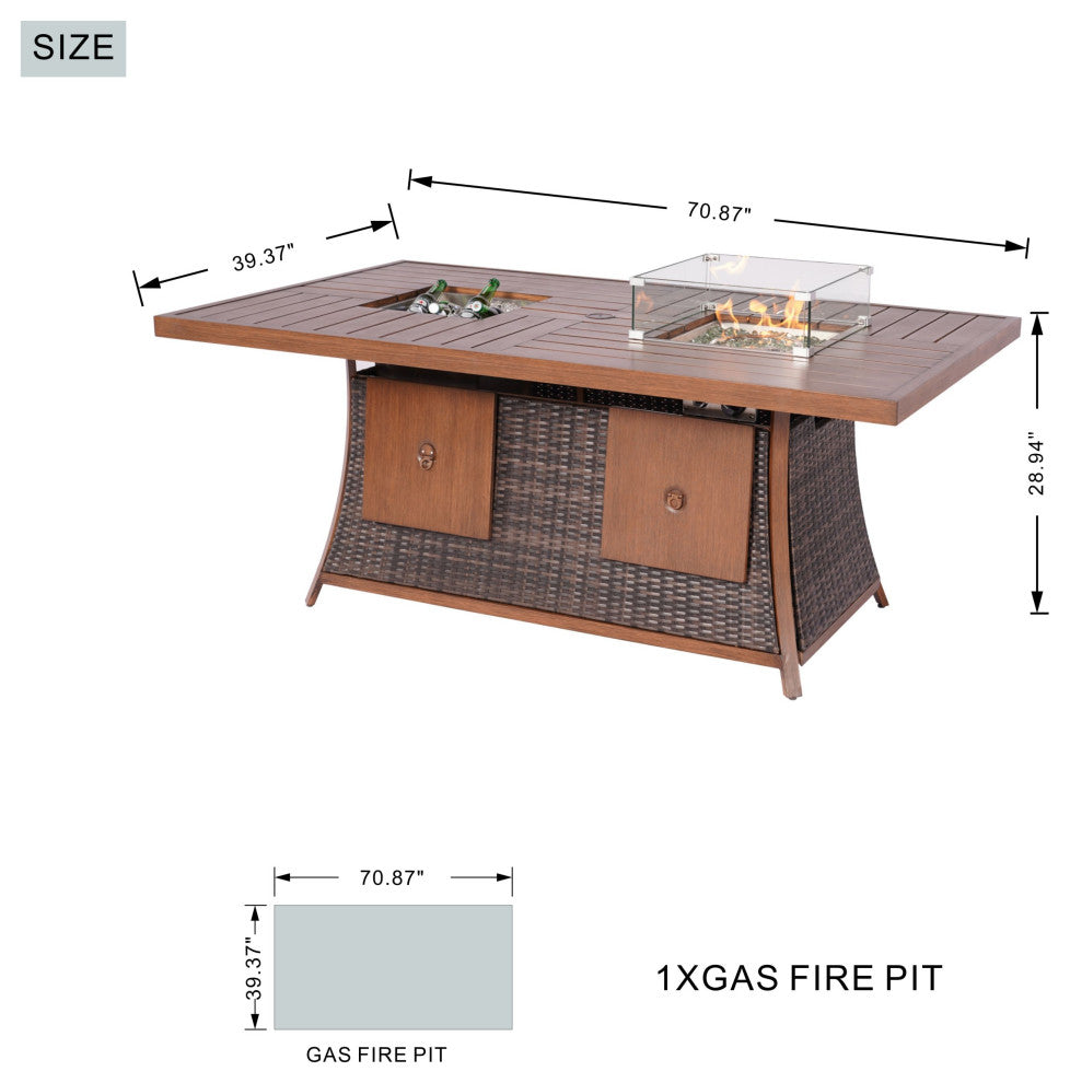 7-Piece Patio Sofa Set with Firepit and Ice Container Dining Table, Brown
