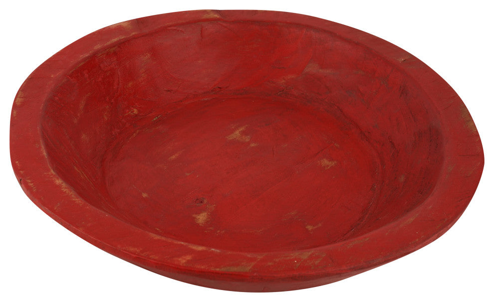 Painted Round Rustic Farmhouse Wooden Dough Bowl, Red, Round