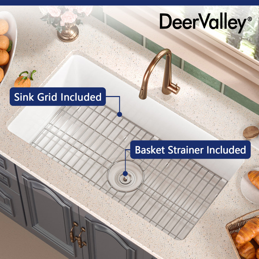 32"L x 19"W Undermount Fireclay Kitchen Sink with Sink Grid and Basket Strainer