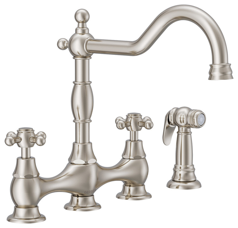 Opulence Two Handle Bridge Kitchen Faucet w/ Sidespray Chrome, Stainless Steel