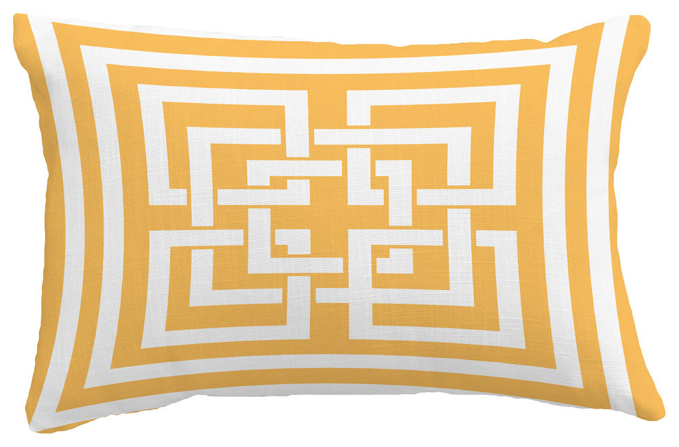 Greek New Key Geometric Print Throw Pillow With Linen Texture, Yellow, 14"x20"