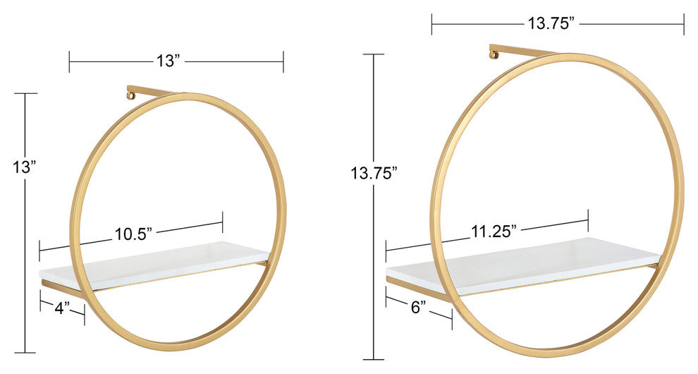 Wicks Round Floating Wall Shelf, White/Gold 2 Piece