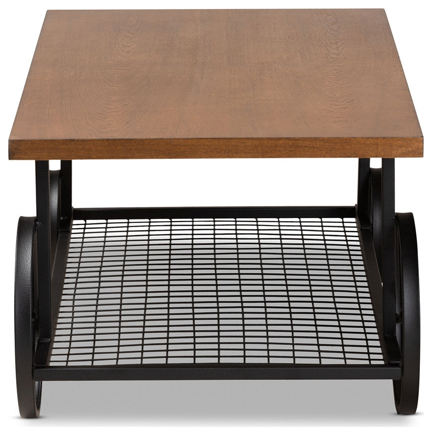 Vintage Walnut Brown Finished Wood Black Finished Metal Wheeled Coffee Table