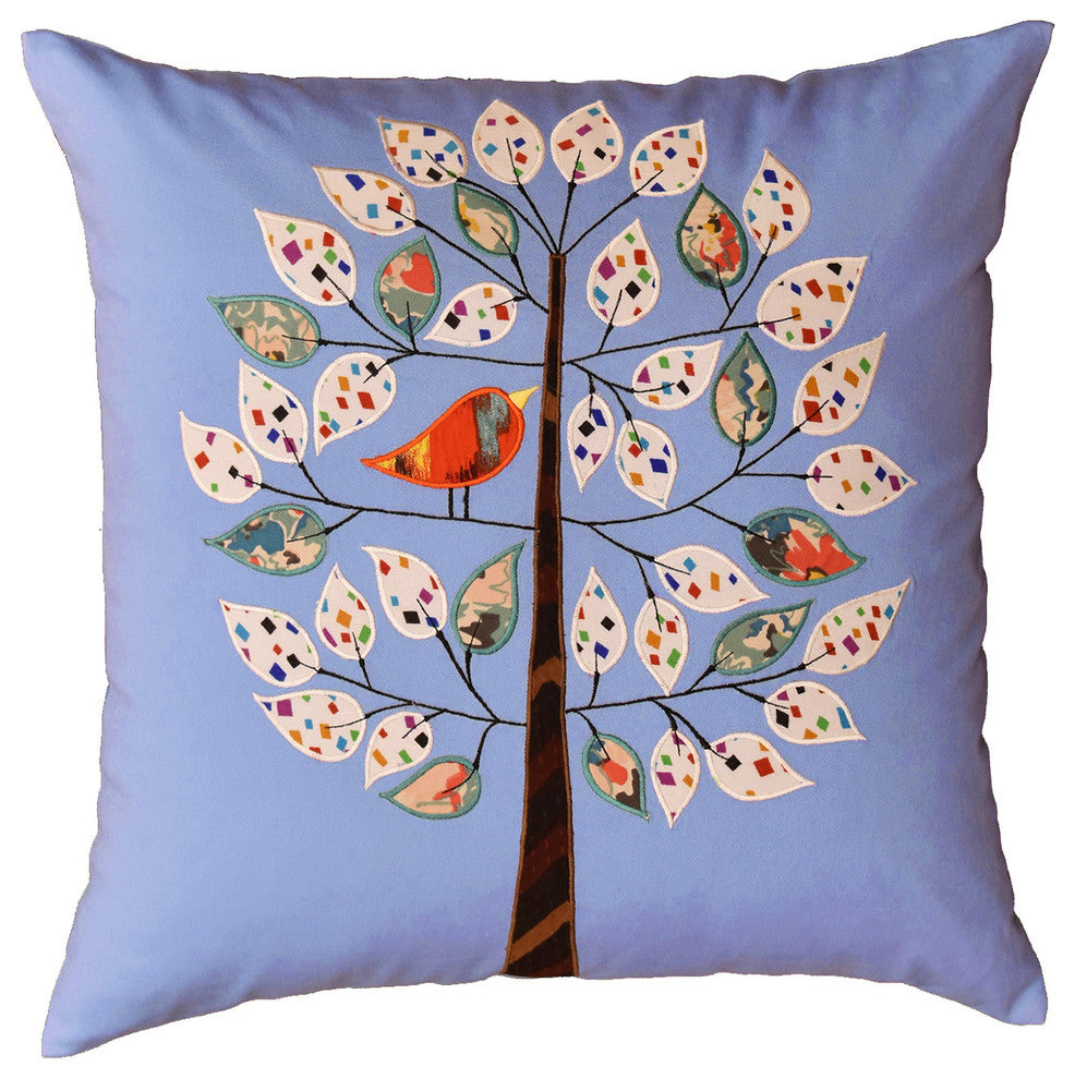 Bleu de France Tree of Life Bird Decorative Pillow Cover Cotton Applique 18x18"