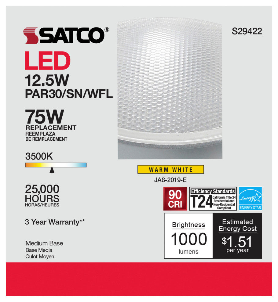 12.5 Watt PAR30SN LED 3500K 60 Degree Beam Angle Medium Base 120 Volt