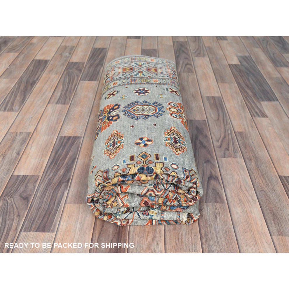 Light Gray Hand Knotted Afghan Super Kazak Organic Wool Oriental Rug, 6'1"x9'1"