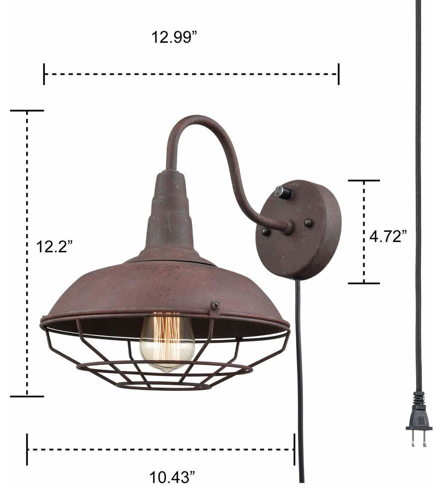 Rustic Wire Cage Gooseneck Wall Sconce, Industrial Plug in Wall Light Fixture
