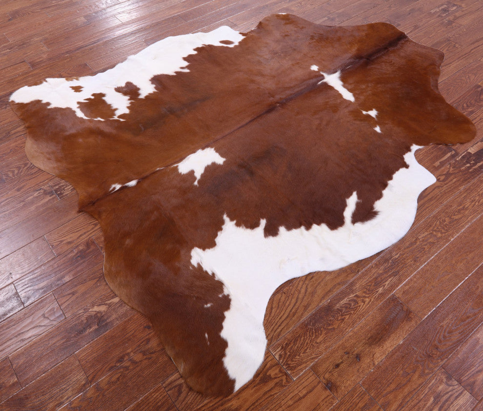 7' 7" X 6' 5" Brown and White Natural Cowhide Rug C1750