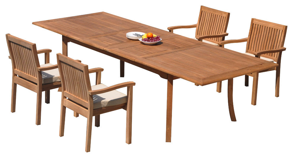 5-Piece Outdoor Teak Dining Set: 117" Rectangle Table, 4 Leveb Stacking Chairs