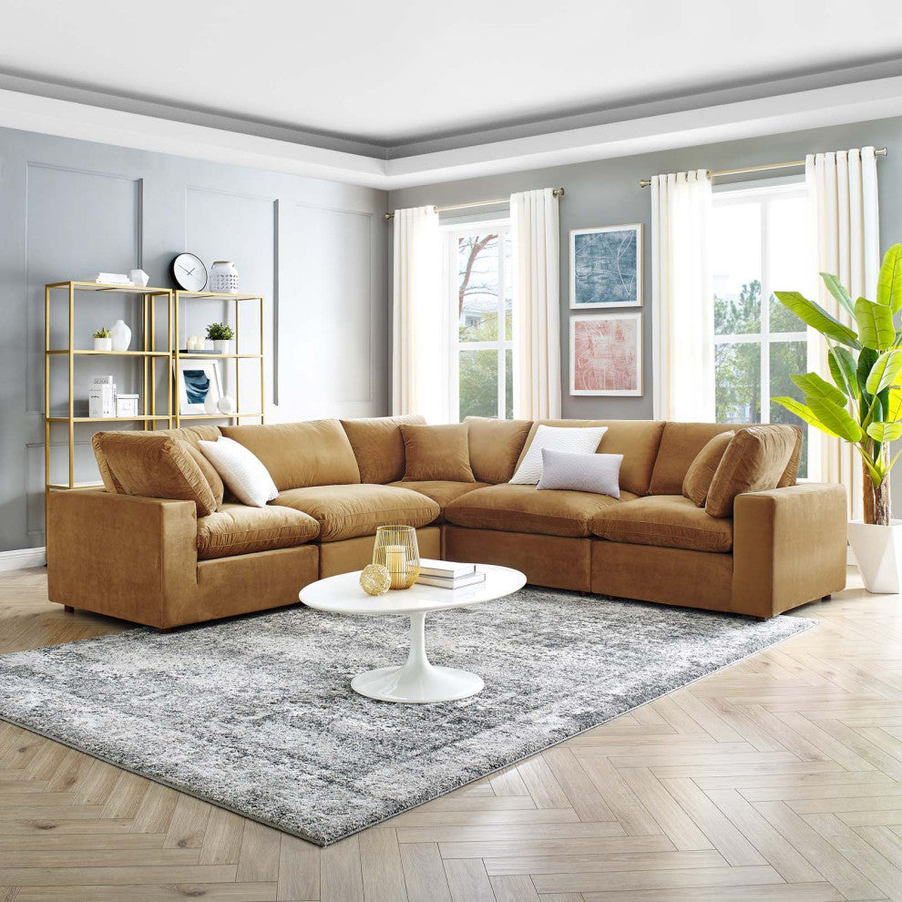 Sectional Sofa Set, Velvet, Brown, Modern, Living Lounge Hotel Lobby Hospitality