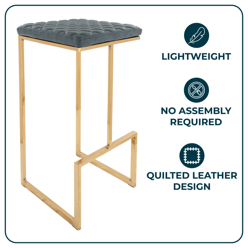 LeisureMod Quincy Quilted Stitched Leather Bar Stools With Gold Metal Frame