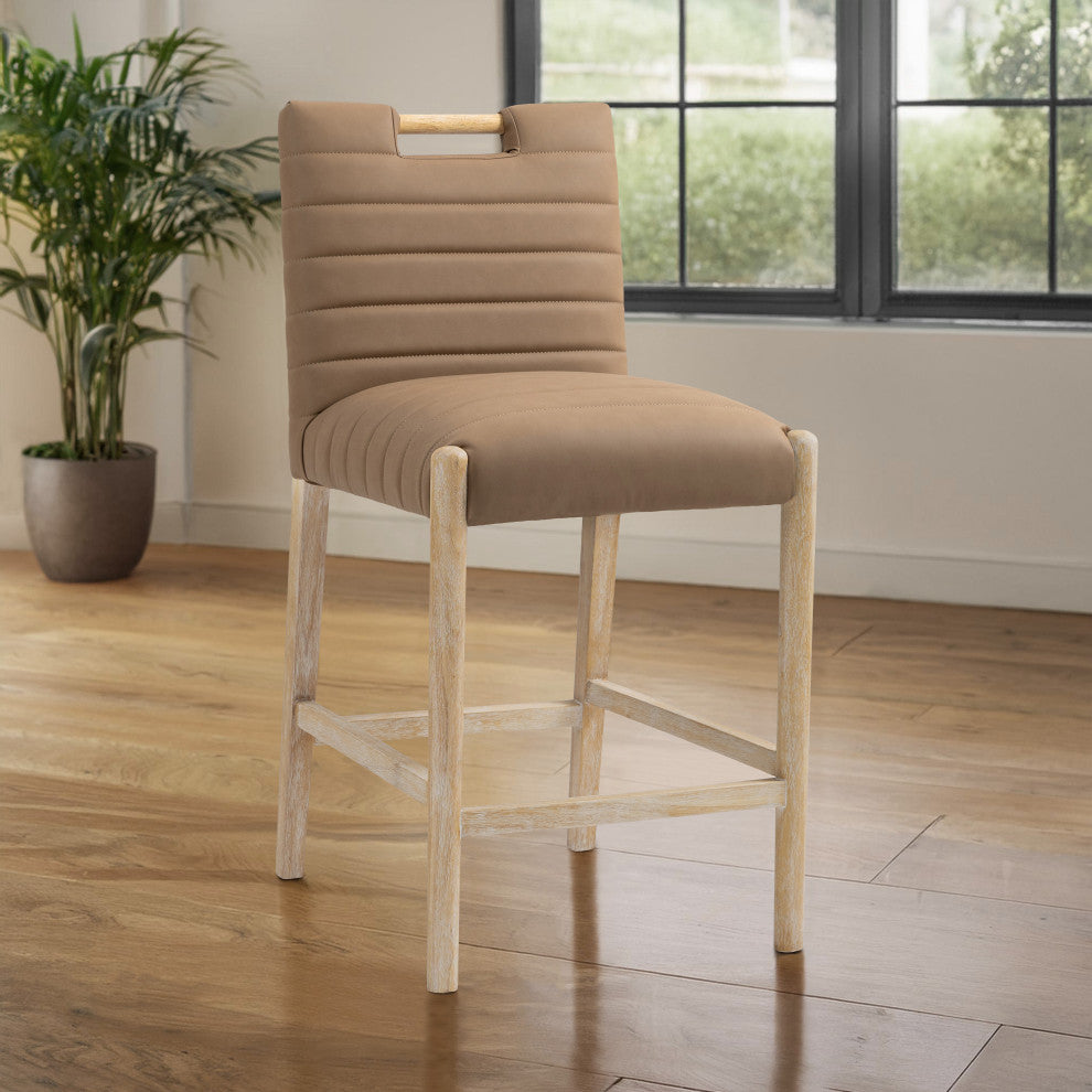 Aimee Upholstered Counter Stool, Brown, Vegan Leather, Natural Oak Finish