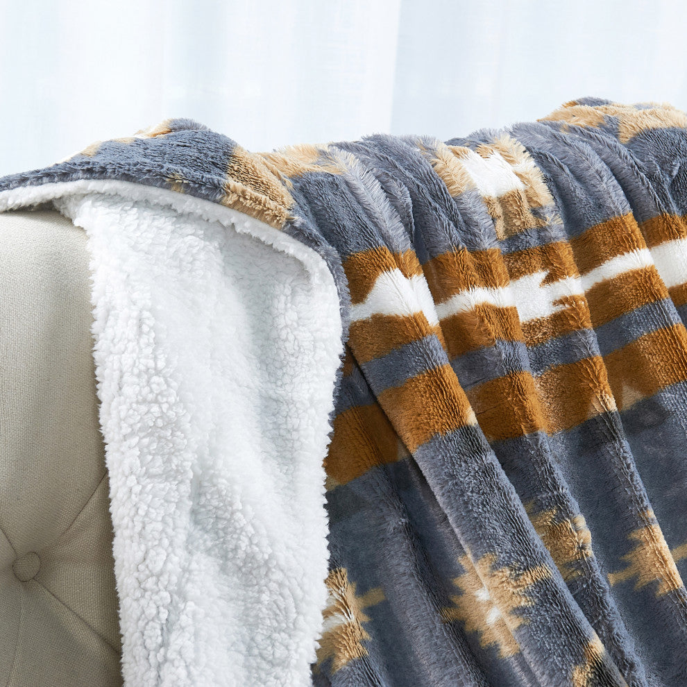 Southwest Faux Fur & Sherpa Backing Throw Blanket, Gray, 60" X 80"