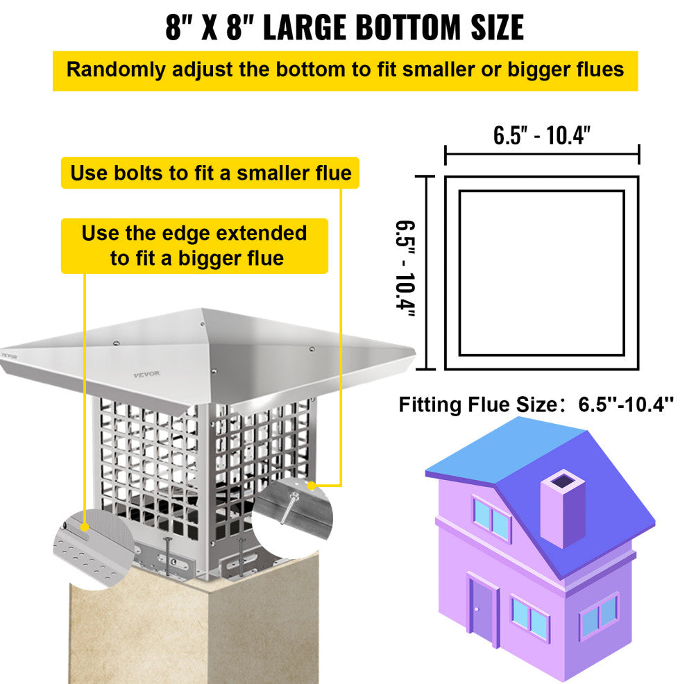 VEVOR Chimney Cap Stainless Steel Fireplace Flue Cover, 8"x8"