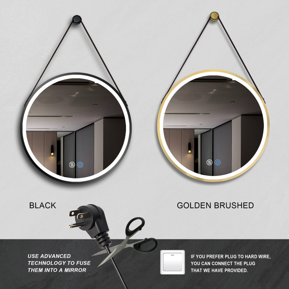 32'' Round Metal Framed Smart 3-Color Dimmable Anti-Fog LED Vanity Mirror, Gold