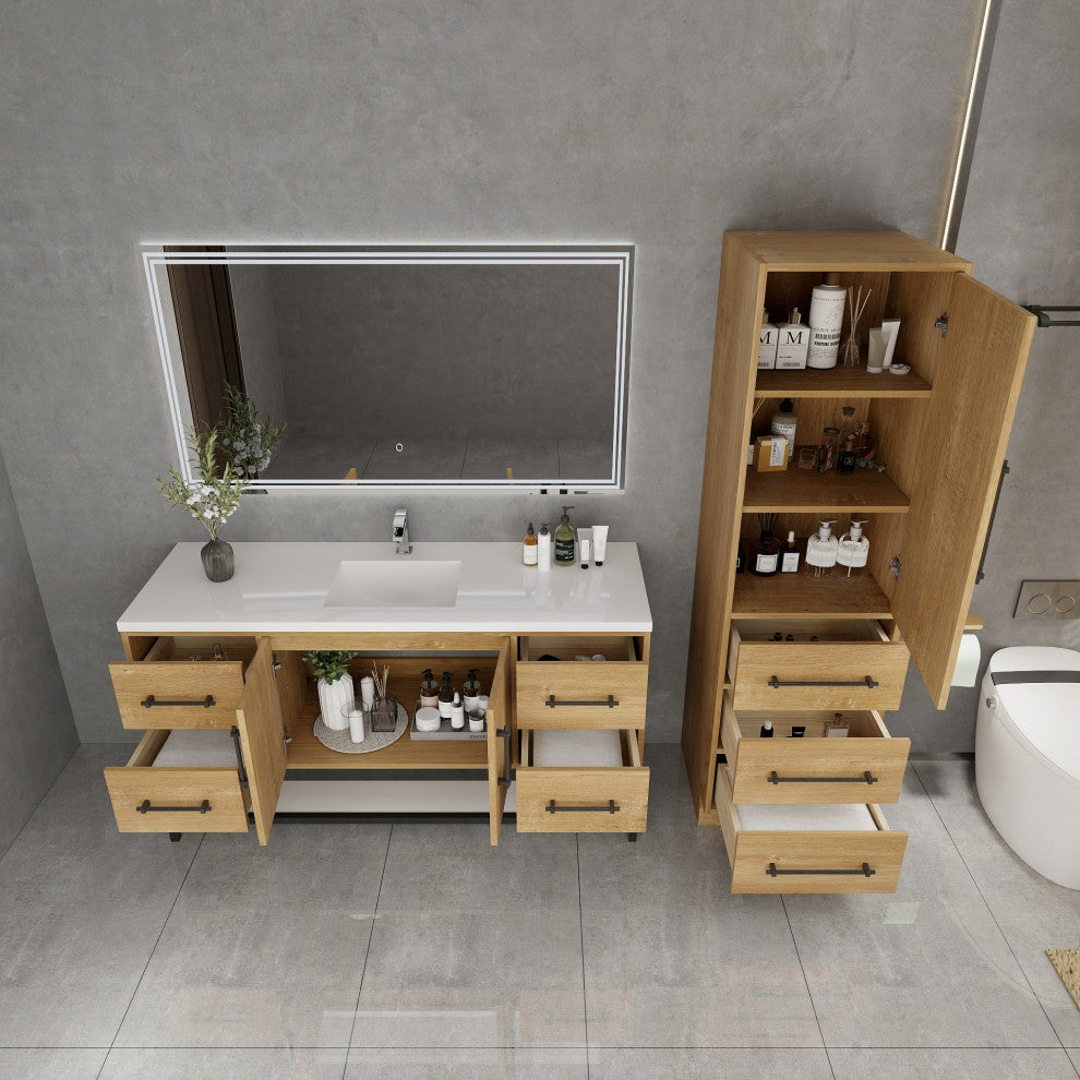 Victoria 60'' Solid Wood Open Shelf Bath Vanity Single Sink, Oak