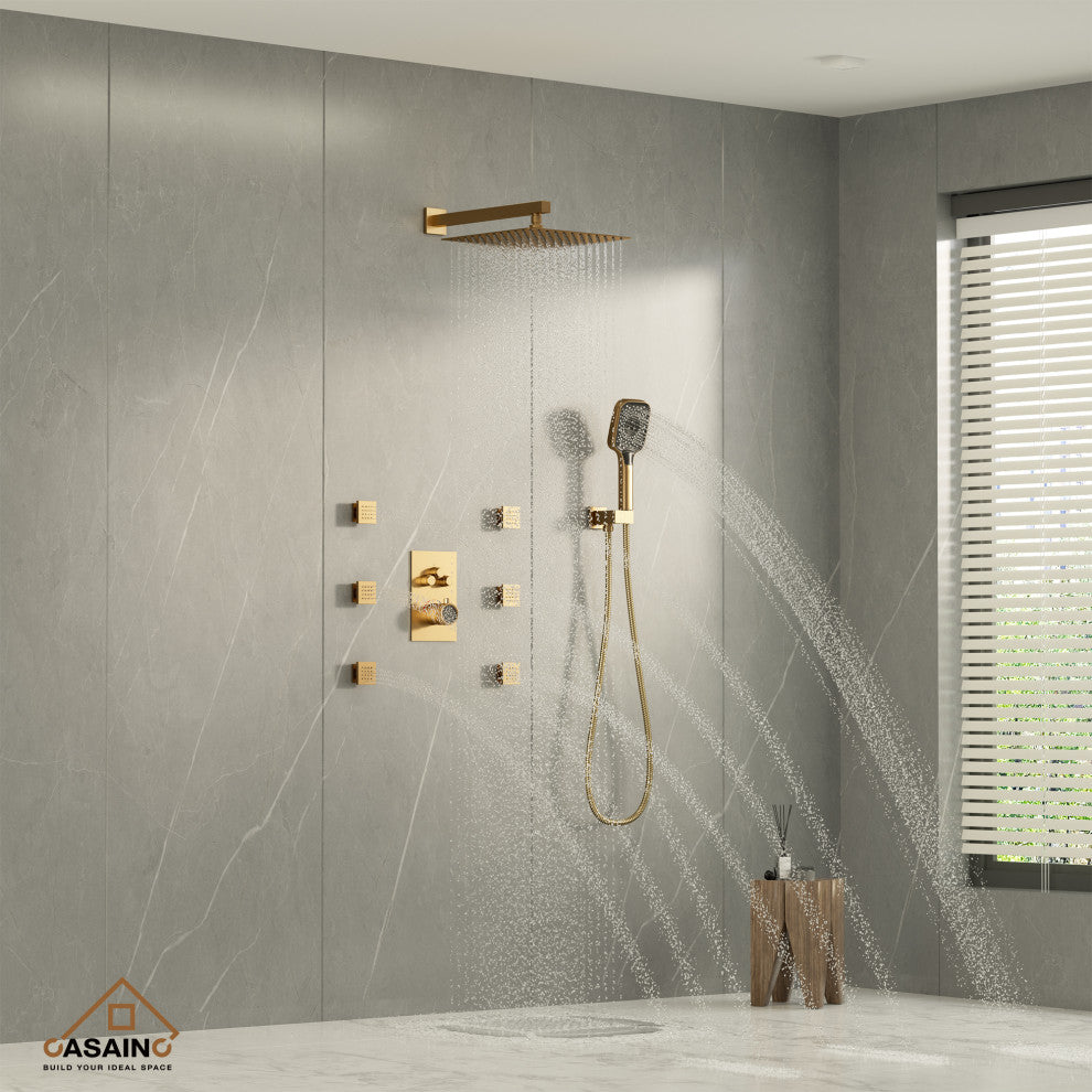 CASAINC 12" Wall Mounted Rainfall Shower Head with 6 Body Jets Shower System, Brushed Gold