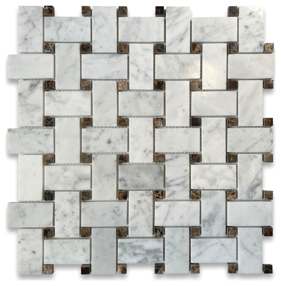 White Carrera Marble Basketweave Mosaic Tile Brown Dots Polished, 1 sheet