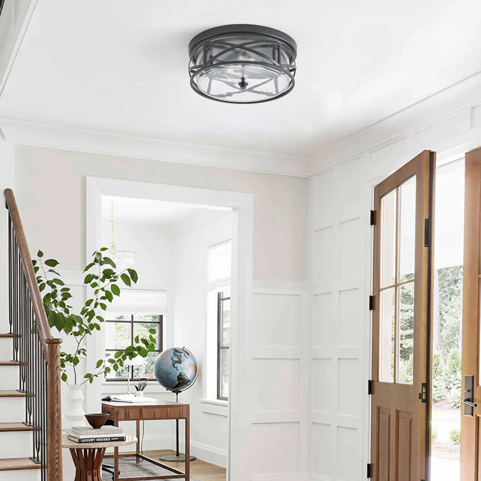Farmhouse 2-Light Flush Mount Close to Ceiling Light with Seeded Glass Shade