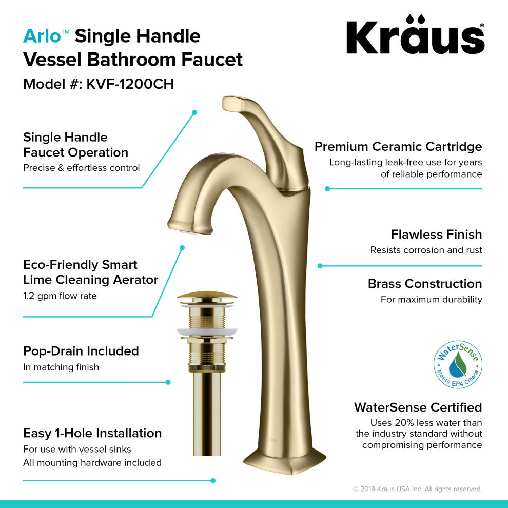 Kraus Arlo Single Handle Vessel Faucet, Pop Up Drain, Brushed Gold, Set of 2