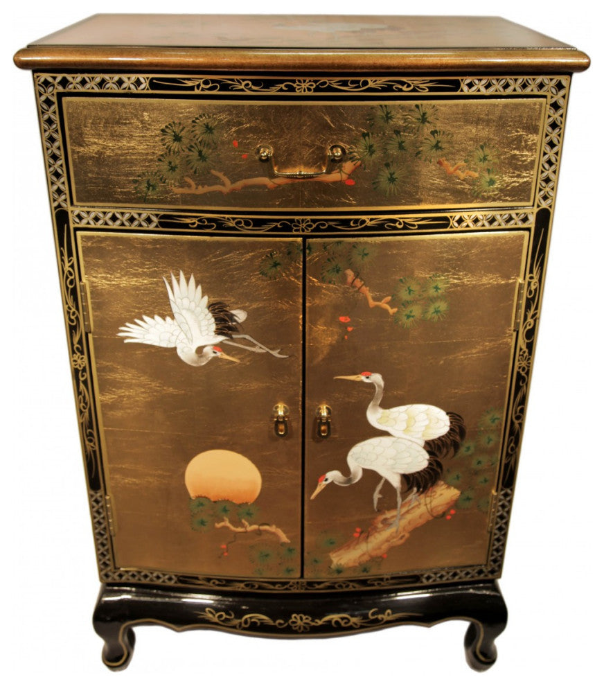 36" Round Front Gold Leaf Shoe Cabinet Hand Painted Cranes