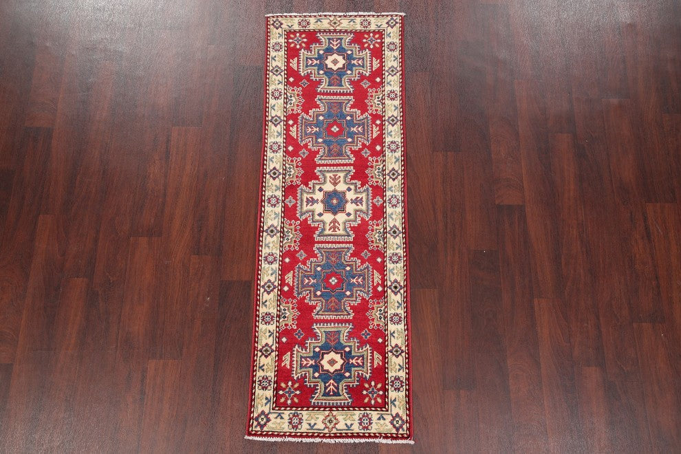 Traditional Oriental Kazak Hand-Knotted Pakistani Runner Rug, Red, 6'1"X2'0"