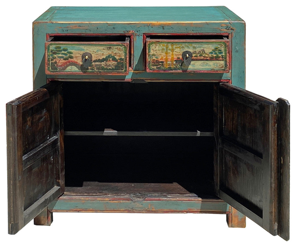 Chinese Distressed Turquoise Blue Old Graphic Credenza Cabinet Hcs7312